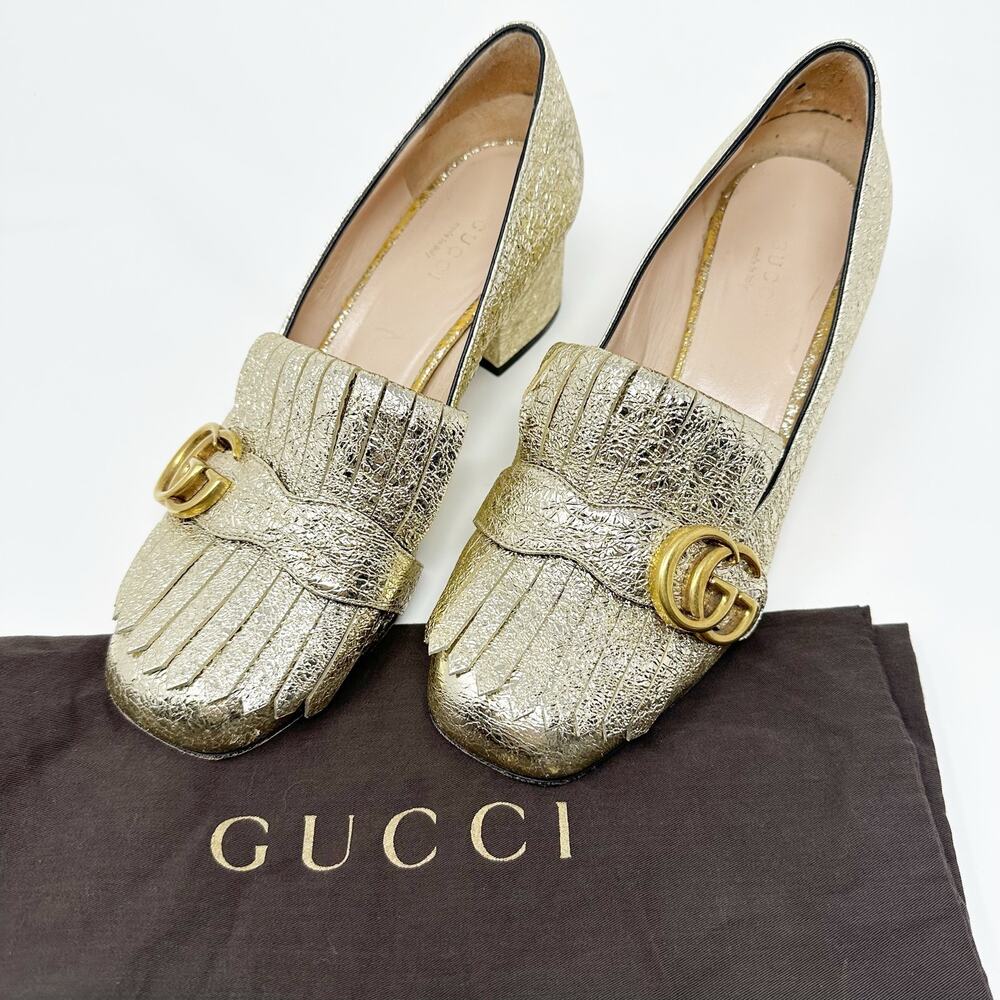 🆕 Gucci Metallic Gold Fringe Block Heel Loafers 37.5 or 7.5 USA✨